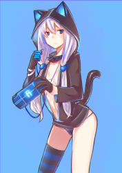 Rule 34 | 1girl, absurdres, animal hood, asymmetrical gloves, black panties, blue background, blue eyes, cat hood, cat tail, collar, earphones, elbow gloves, gloves, handheld game console, highres, hood, hoodie, long hair, looking to the side, low twintails, mismatched gloves, naked hoodie, open clothes, open hoodie, pachina (warship girls r), panties, silver hair, single thighhigh, sketch, solo, spiked collar, spikes, striped clothes, striped thighhighs, tail, thighhighs, twintails, underwear, warship girls r, yan wen zi