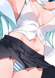 Rule 34 | 1girl, anzu (x anzu ill), armpits, black skirt, blue hair, breasts, hatsune miku, head out of frame, highres, legs, long hair, medium breasts, navel, open clothes, open shirt, panties, piapro, shirt, skirt, striped clothes, striped panties, twintails, underwear, very long hair, vocaloid, white shirt