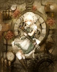 Rule 34 | 1girl, apron, between fingers, blue dress, boots, bow, braid, clock, cross, cross-laced footwear, dress, elbow gloves, eyelashes, flower, frilled apron, frilled dress, frills, gears, gloves, hair bow, highres, holding, holding knife, izayoi sakuya, knee boots, knife, knives between fingers, lace-up boots, looking at viewer, maid, maid apron, maid headdress, muted color, raikan, red eyes, roman numeral, rose, short hair, smile, solo, steam, steampunk, touhou, twin braids, white hair