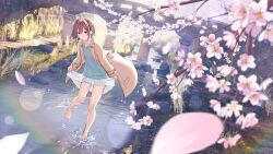 Rule 34 | 1girl, absurdres, barefoot, blue shirt, braid, branch, bridge, brown hair, brown jacket, cac itinose, cherry blossoms, closed mouth, commentary request, day, flower, highres, jacket, lifting own clothes, long sleeves, looking at viewer, open clothes, open jacket, original, outdoors, petals, pink flower, pleated skirt, purple eyes, railing, river, shirt, skirt, skirt hold, smile, solo, standing, standing on one leg, water, white skirt