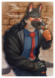 Rule 34 | 1boy, absurdres, animal ear fluff, animal ears, another eidos-r, bara, barlitz (another eidos), black coat, blue eyes, blue shirt, blush, border, brick wall, coat, dog boy, dog ears, fingerless gloves, furry, furry male, gloves, hand on own leg, highres, holding, holding smoking pipe, kou (kouga0225), looking to the side, male focus, multicolored fur, muscular, muscular male, necktie, red necktie, shirt, smoking pipe, solo, sparkle, white border