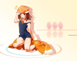 Rule 34 | 1girl, ^^^, bad id, bad pixiv id, bakemonogatari, blue one-piece swimsuit, blush, body blush, breasts, brown eyes, brown hair, buttons, cabbie hat, closed mouth, copyright name, covered navel, from side, full body, gradient background, hand up, hat, hip focus, hiraraki, jacket, kneeling, legs apart, light smile, long sleeves, looking at viewer, monogatari (series), mouth hold, name tag, official art, official wallpaper, old school swimsuit, omamori, one-piece swimsuit, open clothes, open jacket, orange hat, orange jacket, pocket, raised eyebrows, reflection, salute, school swimsuit, sengoku nadeko, shadow, short hair, sideways hat, small breasts, smile, solo, strap slip, swimsuit, tag, tan, tanline, two-finger salute, unbuttoned, unworn jacket, wallpaper, watanabe akio, white background, yellow background