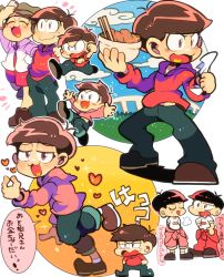 Rule 34 | 10s, 2boys, :3, arms behind back, bad id, bad twitter id, brothers, chimagari, circle, clothes around waist, fence, hand on own hip, hood, hoodie, jumpsuit, male focus, matsuno osomatsu, matsuno todomatsu, money gesture, multiple boys, necktie, osomatsu-kun, osomatsu-san, osomatsu (series), pink necktie, pink shorts, shorts, siblings, smile, tied sleeves, translation request