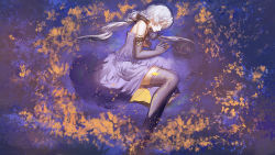 Rule 34 | 1girl, blackrabbitsoul, blue dress, blue gloves, blue hair, blue thighhighs, dress, fetal position, fingerless gloves, from above, gloves, hair ribbon, half-closed eyes, highres, long hair, lying, on side, parted lips, partially submerged, profile, reflection, ribbon, silver hair, sleeveless, solo, star (sky), star (symbol), thighhighs, twintails, very long hair, vocaloid, vocanese, wallpaper, water, xingchen, yellow eyes