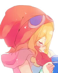 Rule 34 | 1boy, 1girl, amitie (puyopuyo), ana (rznuscrf), blonde hair, blush, closed eyes, crying, hand on another&#039;s face, puyopuyo, red headwear, short hair, sig (puyopuyo), simple background, white background
