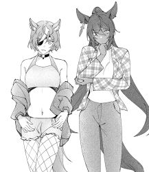 Rule 34 | 2girls, alternate costume, animal ears, bare shoulders, breasts, choker, cutoffs, elbow rest, eyepatch, feet out of frame, fishnet pantyhose, fishnets, greyscale, halterneck, hand on own chin, highres, horse ears, horse girl, horse tail, iner (shakur mom), jacket, long hair, long sleeves, looking at viewer, medium breasts, midriff, monochrome, multiple girls, navel, off shoulder, pants, pantyhose, parted lips, shirt, short hair, short shorts, shorts, small breasts, split ponytail, standing, symboli kris s (umamusume), tail, tanino gimlet (umamusume), umamusume