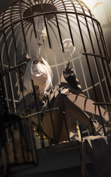 Rule 34 | 1girl, birdcage, black footwear, black hairband, black headwear, black jacket, black pantyhose, black survival, blue eyes, blurry, blurry foreground, cage, candle, chinese commentary, closed mouth, commentary request, depth of field, foot out of frame, hair over one eye, hairband, hand on own knee, hat, highres, intravenous drip, jacket, jacknavy, knees up, long sleeves, looking away, medium hair, mini hat, mixed-language commentary, pantyhose, shoes, sissela (black survival), sitting, solo, white background
