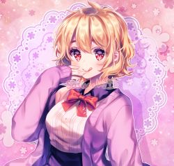 Rule 34 | 1girl, :d, blonde hair, bow, cardigan, collar, long sleeves, looking at viewer, open mouth, original, red eyes, sasucchi95, short hair, slit pupils, smile, solo, tongue, upper body, wavy hair