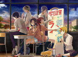 Rule 34 | 2girls, 4boys, bag, blonde hair, brown hair, bucket, cat, chair, cloud, desk, emerane, food, glasses, guitar, hand to own mouth, headphones, holding, instrument, kanji, mouth hold, multiple boys, multiple girls, musical note, necktie, original, paint, paint can, paintbrush, painting (action), pencil, pocky, ponytail, rainbow, school bag, school desk, school uniform, shoes, sign, sitting, skirt, sky, sleeves rolled up, star (sky), star (symbol), starry sky, sweatdrop, translation request, uwabaki, window