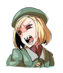 Rule 34 | 1girl, artist name, beret, blonde hair, brown eyes, brown shirt, collared shirt, eiri (eirri), fate/grand order, fate (series), green hat, green jacket, hat, head tilt, jacket, looking away, looking to the side, open mouth, paul bunyan (fate), portrait, sharp teeth, shirt, short hair, signature, simple background, solo, teeth, white background