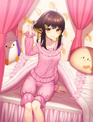 Rule 34 | 1girl, adjusting hair, ahoge, arm support, arm up, artist name, bed, bell, blush, breasts, brown eyes, brown hair, closed mouth, collarbone, hair bell, hair ornament, hairclip, hb (qwqw1697), highres, indoors, long sleeves, looking at viewer, medium breasts, medium hair, original, pajamas, signature, sitting, smile, solo, stuffed animal, stuffed penguin, stuffed toy, tam tambourine