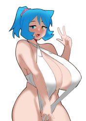 Rule 34 | 1girl, blue eyes, blue hair, blue theme, breasts, cat girl, fang, heterochromia, huge breasts, looking at viewer, original, saru (monkey magic3), skin fang, slingshot swimsuit, smile, solo, swimsuit, thick thighs, thighs, v, yellow eyes