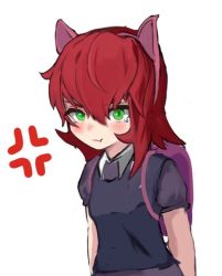 Rule 34 | 1girl, anger vein, animal ears, annie (league of legends), backpack, bag, blush, cat ears, closed mouth, fake animal ears, green eyes, hair between eyes, hairband, league of legends, looking at viewer, medium hair, pink hairband, pout, qusouzu mogari, red hair, short sleeves, simple background, solo, white background