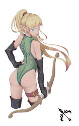 Rule 34 | 1girl, absurdres, archer (dragon nest), arm at side, ass, black gloves, blonde hair, blue eyes, bow (weapon), breasts, closed mouth, cropped legs, dragon nest, elf, from behind, gloves, green leotard, hand on own hip, high ponytail, highres, leotard, light smile, long hair, long pointy ears, medium breasts, partially fingerless gloves, pointy ears, solo, thigh strap, thighhighs, very long hair, weapon, white background, yashi kano ko