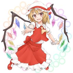 Rule 34 | 1girl, arm garter, ascot, blonde hair, bow, commentary request, crystal, danmaku, fangs, flandre scarlet, hat, hat bow, hat ribbon, highres, looking at viewer, mary janes, mob cap, open mouth, outstretched arm, puffy short sleeves, puffy sleeves, red eyes, red footwear, red skirt, red vest, ribbon, shoes, short sleeves, shunichi, side ponytail, skirt, smile, solo, touhou, vest, white background, white hat, wings, wrist cuffs