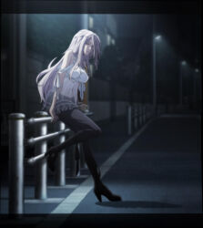 Rule 34 | 1girl, anime screenshot, breasts, fuuto tantei, high heels, highres, large breasts, light purple hair, long hair, medium breasts, purple eyes, see-through, solo, stitched, third-party edit, tokime (fuuto tantei)