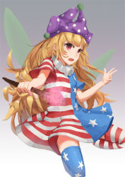 Rule 34 | 1girl, alternate legwear, american flag dress, american flag legwear, artistic error, blonde hair, clownpiece, dress, fairy wings, gradient background, hat, highres, jester cap, legacy of lunatic kingdom, long hair, looking at viewer, newnand, open mouth, red eyes, solo, striped clothes, striped dress, striped thighhighs, thighhighs, touhou, wings