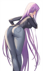 Rule 34 | 1girl, absurdres, ass, black shirt, blue pants, breasts, fate/grand order, fate/stay night, fate (series), feet out of frame, from behind, highres, kuza brs, large breasts, leaning forward, long hair, long sleeves, looking at viewer, looking back, medusa (fate), medusa (rider) (fate), pants, purple eyes, purple hair, shirt, simple background, solo, very long hair, white background
