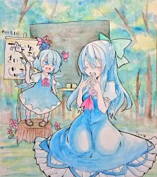 Rule 34 | &gt;:d, 2girls, :d, ^ ^, alternate headwear, arm at side, bad id, bad twitter id, blue dress, blue eyes, blue hair, blue ribbon, bow, chaka3464, cirno, closed eyes, commentary request, covering own mouth, dress, flower, hair between eyes, hair bow, hair ribbon, headwear switch, ice, ice wings, kamishirasawa keine, laughing, long dress, long hair, look-alike, looking at another, mary janes, multiple girls, open mouth, outdoors, pigeon-toed, pointer, puffy short sleeves, puffy sleeves, ribbon, role reversal, seiza, shirt, shoes, short hair, short sleeves, sitting, sketch, smile, socks, standing, steepled fingers, touhou, traditional media, tree, tree stump, v-shaped eyebrows, white shirt, wings