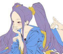 Rule 34 | 1girl, barefoot, blush, chinese clothes, collarbone, fang, fate/grand order, fate (series), forehead, hair ornament, hair scrunchie, hanfu, long hair, lying, nanbo ataru (attall), on stomach, parted bangs, purple eyes, purple hair, scrunchie, very long hair, wide sleeves, wu zetian (fate), wu zetian (first ascension) (fate)