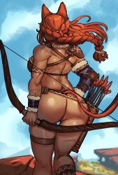 Rule 34 | 1girl, absurdres, animal ears, armor, arrow (projectile), ass, bikini, bikini top only, bottomless, bow (weapon), braid, cat ears, cat girl, cat tail, dark-skinned female, dark skin, detached sleeves, ezzydraws, from behind, fur bracelet, highres, holding, holding bow (weapon), holding weapon, long hair, multiple scars, muscular, muscular female, orange hair, original, pauldrons, quiver, scar, shoulder armor, single detached sleeve, single pauldron, solo, swimsuit, tail, weapon