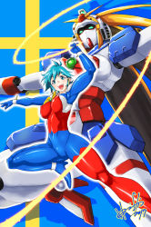 Rule 34 | 1girl, allenby beardsley, arm up, blue bodysuit, blue eyes, blue hair, blush, bodysuit, bow, breasts, commentary request, covered erect nipples, covered navel, energy whip, g gundam, gloves, gundam, highres, hori shin, large breasts, looking at viewer, mecha, mobile trace suit, multicolored bodysuit, multicolored clothes, nobel gundam, open mouth, red bodysuit, robot, shiny clothes, shiny skin, short hair, skin tight, smile, solo, swedish flag, whip
