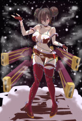 Rule 34 | 1girl, agent (girls&#039; frontline), black background, bra, brown hair, closed mouth, collarbone, detached collar, double bun, fingerless gloves, girls&#039; frontline, gloves, hair between eyes, hair bun, hand up, highres, light blush, looking at viewer, navel, original, popoman, red bra, red gloves, red thighhighs, skirt, snow, snowing, solo, strap, thigh strap, thighhighs, thighs, torn bra, torn clothes, torn skirt, underwear