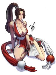 Rule 34 | 1girl, bare shoulders, breasts, brown eyes, brown hair, cleavage, fatal fury, hand fan, high ponytail, highres, large breasts, lips, long hair, lucaspflp, ninja, pelvic curtain, shiranui mai, sitting, sleeveless, the king of fighters, white background