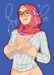 Rule 34 | breasts, cleavage, gazellelone, glasses, jewelry, looking at viewer, no bra, no pants, ring, simple background, upper body
