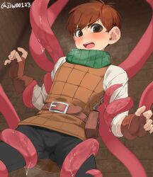 Rule 34 | 1boy, armor, artist name, belt, black pants, blush, brick wall, brown eyes, brown gloves, brown hair, bulge, chilchuck tims, commentary, dungeon meshi, fingerless gloves, g1 (jjw00123), gloves, green scarf, halfling, hands up, heavy breathing, indoors, leather armor, long sleeves, male focus, paid reward available, pants, pouch, restrained, scarf, shirt, short hair, solo, tentacles, twitter username, white shirt