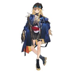 Rule 34 | 1girl, artist request, bag, beanie, black footwear, black hat, blonde hair, blue coat, blunt bangs, blush, braid, bullpup, closed mouth, clothes writing, coat, earrings, eyewear on head, girls&#039; frontline, gun, hat, jewelry, long hair, long sleeves, mole, mole under eye, off shoulder, official art, side braid, single earring, sleeves past fingers, sleeves past wrists, solo, sunglasses, thigh strap, translation request, transparent background, triangle print, vhs-d2, vhs (girls&#039; frontline), weapon