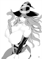 Rule 34 | 1girl, between breasts, breasts, cleavage, dragon&#039;s crown, greyscale, hat, highres, huge breasts, long hair, meme50, monochrome, nipples, simple background, smile, solo, sorceress (dragon&#039;s crown), staff, topless, white background, wide hips, witch hat