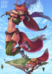 Rule 34 | 1girl, @ @, ahoge, animal, animal ears, assassin, backpack, bag, belt pouch, breasts, broken moon, brown gloves, coke-bottle glasses, commentary, completion time, dagger, detached pants, dual wielding, fox, fox ears, fox tail, full body, glasses, gloves, green panties, highres, holding, huge ahoge, jumping, knife, leaf, leaf on head, long hair, low-tied long hair, midriff, moon, navel, no bra, original, panties, pouch, red hair, reverse grip, ryu shou, sandals, slit pupils, small breasts, socks, tail, the chronicle of black phoenix, underwear, vest, weapon, yukiko (ryu shou)