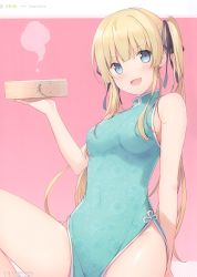 Rule 34 | 1girl, 6u (eternal land), absurdres, blonde hair, blue eyes, breasts, character name, china dress, chinese clothes, dress, fang, floral print, highres, holding, long hair, looking at viewer, pink hair, saenai heroine no sodatekata, sawamura spencer eriri, scan, simple background, sleeveless, small breasts, smile, solo, steam, twintails