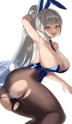 Rule 34 | 1girl, absurdres, animal ears, arm behind head, arm up, armpits, ass, bare arms, bare shoulders, between breasts, black necktie, blue hair, blue leotard, breasts, brown pantyhose, cleavage, collarbone, commentary request, commission, detached collar, elf, fake animal ears, fake tail, gradient hair, grey hair, hand in own hair, heavy breathing, high ponytail, highleg, highleg leotard, highres, korean commentary, large breasts, leotard, long hair, looking at viewer, multicolored hair, necktie, necktie between breasts, open mouth, original, pantyhose, playboy bunny, pointy ears, ponytail, rabbit ears, rabbit tail, sayan, second-party source, sidelocks, simple background, sitting, smile, solo, strapless, strapless leotard, sweat, tail, thighs, torn clothes, torn pantyhose, very long hair, white background, yellow eyes, yokozuwari