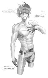 Rule 34 | 1boy, abs, absurdres, blush, cropped legs, earrings, english text, flower, genshin impact, gloves, greyscale, hair between eyes, highres, jewelry, looking at viewer, male focus, mask, mask on head, monochrome, pants, parted lips, pottsness, scar, scar on chest, simple background, single earring, solo, speech bubble, tartaglia (genshin impact), toned, toned male, topless male, vision (genshin impact)