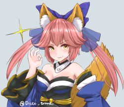 Rule 34 | 10s, 1girl, animal ears, blue bow, bow, breasts, cleavage, disco brando, fate/extra, fate (series), fox ears, fox tail, large breasts, long sleeves, medium hair, money gesture, pink hair, solo, tail, tamamo no mae (fate/extra), yellow eyes