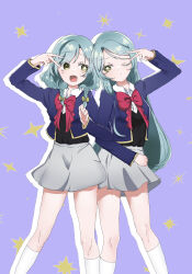Rule 34 | 2girls, aliasing, aqua hair, bang dream!, black sweater vest, blue jacket, blush, bow, bowtie, braid, collared shirt, commentary request, cropped jacket, dress shirt, feelily, feet out of frame, green eyes, grey skirt, hand up, highres, hikawa hina, hikawa sayo, jacket, kneehighs, locked arms, long hair, long sleeves, looking at viewer, mismatched pupils, multiple girls, one eye closed, open clothes, open jacket, open mouth, oshi no ko, outline, partial commentary, pink bow, pink bowtie, school uniform, shirt, siblings, sidelocks, sisters, skirt, socks, sparkle, star-shaped pupils, star (symbol), sweater vest, symbol-shaped pupils, twin braids, twins, v, very long hair, white outline, white shirt, white socks, youtou high school uniform
