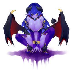 Rule 34 | 1girl, aco (koaya ako), astaroth (shinrabanshou), black sclera, blue hair, blue skin, boots, breasts, cleavage, colored sclera, colored skin, demon girl, demon tail, demon wings, earrings, elbow gloves, fingerless gloves, full body, gloves, heart, heart earrings, horns, jewelry, large breasts, long hair, purple footwear, ring, shinrabanshou, simple background, solo, spikes, squatting, tail, thighhighs, wings, yellow eyes