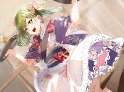 Rule 34 | blush, breasts, green hair, hair ornament, japanese clothes, kimono, large breasts, link! like! love live!, long hair, love live!, oogami sachi, open mouth, ribbon, smile, twintails, yellow eyes, yukata