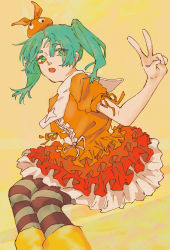 Rule 34 | 1girl, aqua hair, dress, frills, googly eyes, green eyes, hand up, hat, highres, looking at viewer, monogatari (series), ononoki yotsugi, open mouth, pantyhose, siki427, simple background, solo, striped clothes, striped pantyhose, twintails, v, yellow footwear