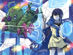Rule 34 | blue hair, coat, coat on shoulders, digimon, digimon (creature), highres, long hair, mishima erika, twintails, very long hair, wormmon, yellow eyes