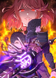 Rule 34 | 1girl, 2boys, armor, comiket 102, cover, cover page, earrings, evil smile, fire, glowing, glowing eyes, highres, holding, holding weapon, jewelry, malos (xenoblade), mebi il, multiple boys, pyra (xenoblade), red eyes, red hair, rex (xenoblade), serious, shoulder armor, smile, spiked hair, swept bangs, weapon, xenoblade chronicles (series), xenoblade chronicles 2