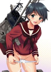 Rule 34 | 10s, 1girl, :d, black hair, blush, cannon, collarbone, cum, cum on body, cum on clothes, cum on lower body, female pubic hair, groin, jpeg artifacts, kantai collection, kyogoku shin, looking at viewer, machinery, mogami (kancolle), no pants, open mouth, panties, panty pull, pubic hair, school uniform, serafuku, short hair, smile, solo, sweat, underwear, undressing, white panties