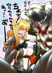 Rule 34 | 1girl, absurdres, adjusting hair, birdsong, blonde hair, blush, bodysuit, breasts, cleavage, collarbone, gloves, hair over eyes, hair over face, handheld game console, highres, large breasts, lips, monster, navel, nintendo 3ds, ooze (resident evil), playing games, rachael foley, resident evil, resident evil: revelations, sweat, teeth, translation request, video game