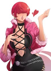 Rule 34 | absurdres, blowing kiss, breasts, covered eyes, drawing, fashion, hair between eyes, highres, large breasts, lips, mature female, red hair, shadowcero, short hair, the king of fighters, the king of fighters xv