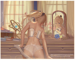 Rule 34 | 1girl, ass, bare arms, bare back, bare shoulders, black bow, blonde hair, blue flower, book, book stack, bow, bow panties, corset, curtains, da (datako), detached collar, drawer, flower, genshin impact, hair bow, indoors, jean (genshin impact), long hair, mirror, panties, ponytail, reflection, see-through, sidelocks, solo, underwear, undressing, watermark, web address, white bow, white corset, white legwear, white panties, window