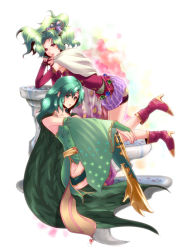 Rule 34 | 2girls, aged up, aqua eyes, aqua hair, bare shoulders, blush, boots, bridal gauntlets, cape, chona, commentary request, dress, elbow rest, final fantasy, final fantasy iv, final fantasy vi, floating, fountain, full body, gloves, green cape, green dress, green hair, high heel boots, high heels, highres, long hair, looking at viewer, multicolored background, multiple girls, parted lips, petals, petals on liquid, pink footwear, pink gloves, pink shirt, purple eyes, rydia (ff4), shirt, sitting, sleeveless, sleeveless dress, sleeveless shirt, spoilers, tiara, tina branford, white cape