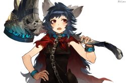 Rule 34 | 1girl, animal ears, artist name, blue hair, blush, breasts, cape, chain, collar, commission, crusaders quest, cuffs, fang, flask, hammer, hand on own hip, highres, holding, holding hammer, long hair, looking to the side, messy hair, metal collar, open mouth, over shoulder, p (pm 611a), red cape, red eyes, runes, simple background, sleeveless, small breasts, solo, upper body, war hammer, weapon, weapon over shoulder, white background, wolf ears, wolf girl
