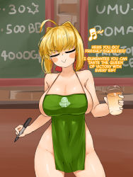 Rule 34 | 1girl, ahoge, apron, blonde hair, blush, breasts, english text, closed eyes, fate/grand order, fate (series), green eyes, highres, iced latte with breast milk (meme), long hair, meme, naked apron, nero claudius (fate), nero claudius (fate) (all), smile, solo, steamingtofu